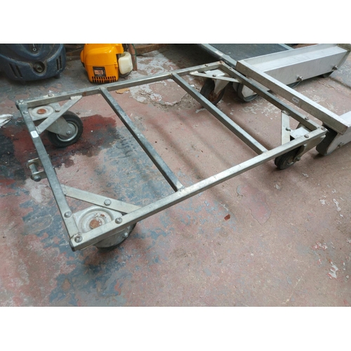 1405 - Three items, one flatbed trolley with handle and two flatbed trucks