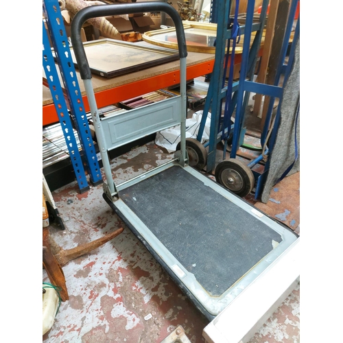 1405 - Three items, one flatbed trolley with handle and two flatbed trucks