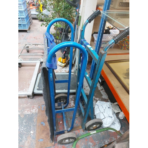 1406 - Two good quality blue two wheeled sack trucks