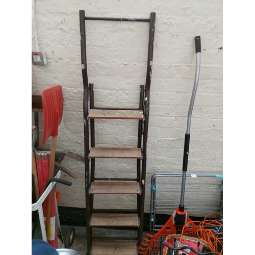 1413 - Three various sets of step ladders, one wooden four tread, one aluminium three tread and one wood an... 