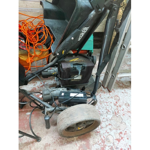 1414 - A mixed lot to include one Powa Caddy electric golf trolley with battery and charger, one green Blac... 