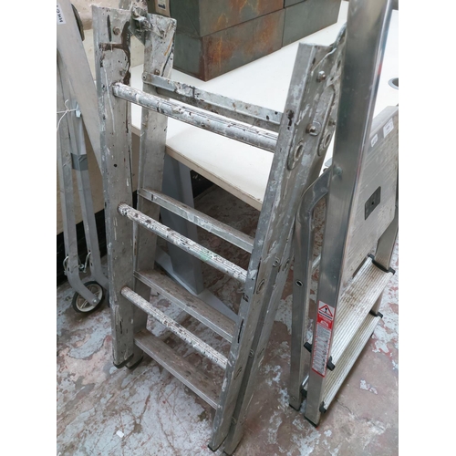 1419 - Three items, one two tread metal step ladder, one aluminium multipurpose step ladder and one three t... 