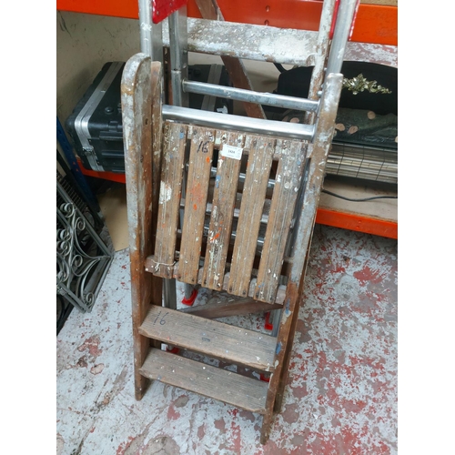 1424 - Three items, one aluminium multipurpose ladder and two sets of wooden step ladders, one three tread ... 