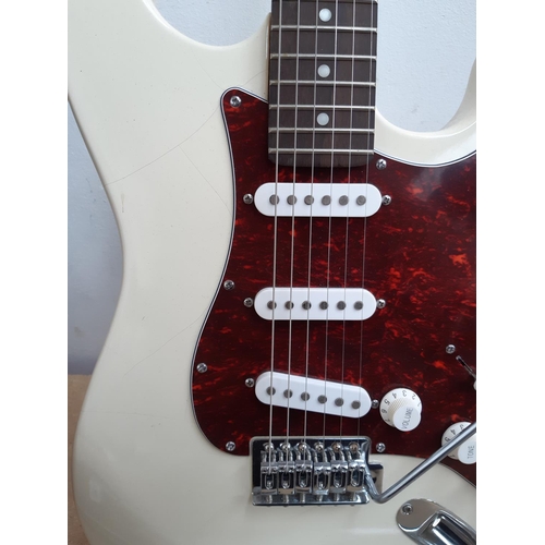 1125 - Three items, one cream tele/strat style hybrid electric guitar with tortoiseshell scratchplate and F... 