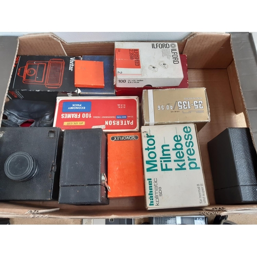 1185 - A box containing cameras and photography equipment to include Fujica Rapid D1 35mm, Olympus Trip 35,... 