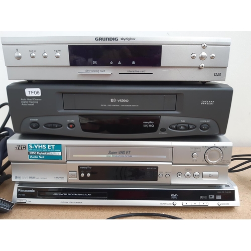 1055 - A box containing JVC HR-S6965 Nicam stereo VCR, Panasonic DVD-S29 CD/DVD player with remote control,... 