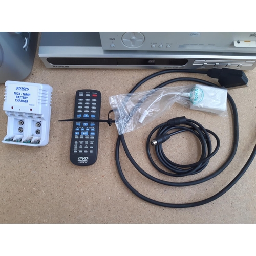 1057 - A box containing Pace Sky Digi box, Hyundai 320A DVD player, Tesco DPA08 DVD player, boxed Lenoxx So... 