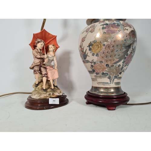 600 - Two tables lamps, one Capodimonte style boy and girl with umbrella - approx. 45cm high and one orien... 