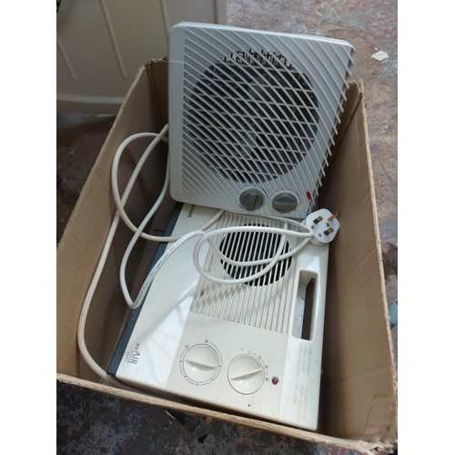 1134 - Two boxes containing Braun coffee machine, blue and white Bosch steam iron, desk fan, BT landline ph... 