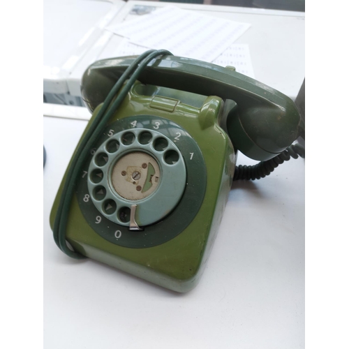 1145 - A box containing vintage two tone green rotary telephone, two brass and glass table lamps (one boxed... 