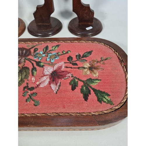 623 - Three items, one Victorian inlaid walnut and beaded footstool - approx. 56cm x 27cm, one oak ashtray... 