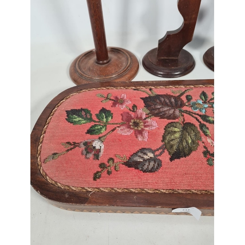 623 - Three items, one Victorian inlaid walnut and beaded footstool - approx. 56cm x 27cm, one oak ashtray... 