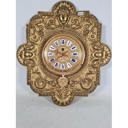 498 - A Victorian wood and gilt metal wall clock with white and blue enamel Roman numerals, key and pendul... 