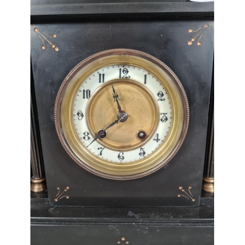 502 - A Victorian slate chiming mantle clock with FMS (Mauthe) movement with pendulum - approx. 32cm high ... 