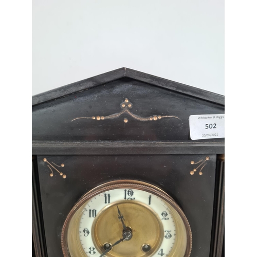 502 - A Victorian slate chiming mantle clock with FMS (Mauthe) movement with pendulum - approx. 32cm high ... 