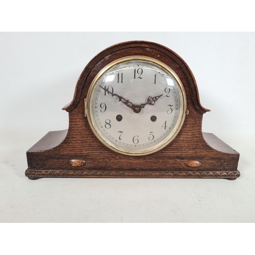 504 - Two vintage clocks, one Art Deco oak cased chiming mantle clock and one Victorian stained pine wall ... 