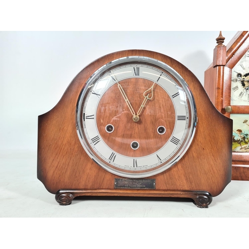 505 - Two vintage clocks, one American walnut cased mantle clock with key & pendulum and one 1940s walnut ... 