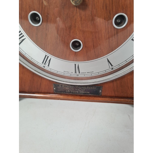 505 - Two vintage clocks, one American walnut cased mantle clock with key & pendulum and one 1940s walnut ... 