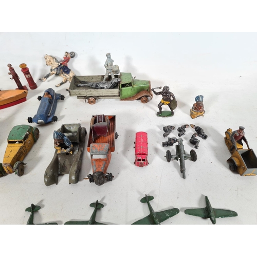 547 - A collection of vintage die cast vehicles and lead figurines to include Toby Toys 862 pick up truck,... 