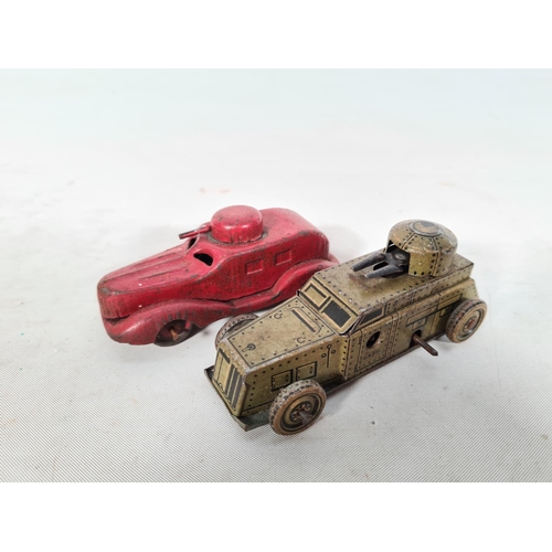 547a - Two tin plate clockwork toy vehicles, one DRGM Foreigh Z.4,8 tank and one red foreign armoured vehic... 