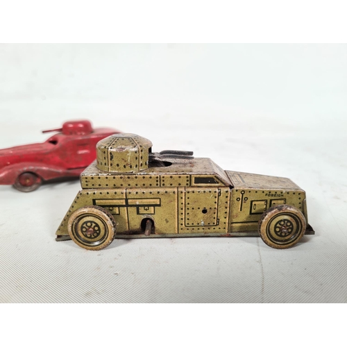 547a - Two tin plate clockwork toy vehicles, one DRGM Foreigh Z.4,8 tank and one red foreign armoured vehic... 