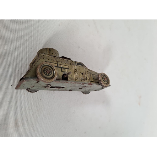 547a - Two tin plate clockwork toy vehicles, one DRGM Foreigh Z.4,8 tank and one red foreign armoured vehic... 