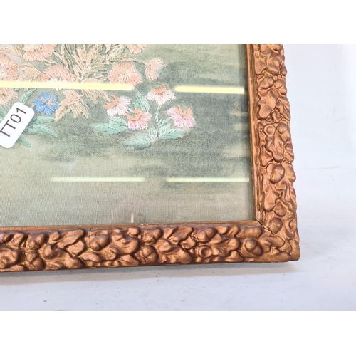 568 - A Victorian gilt framed painting on linen and embroidery of a woodland scene - approx. 60cm x 50cm i... 