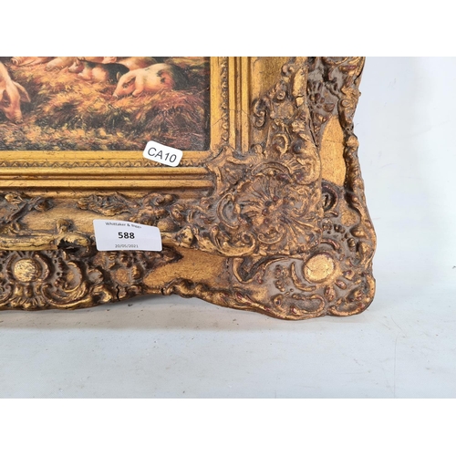 588 - A Victorian ornate gilt framed oil on board of a pigsty scene signed lower right - approx. 46cm x 40... 