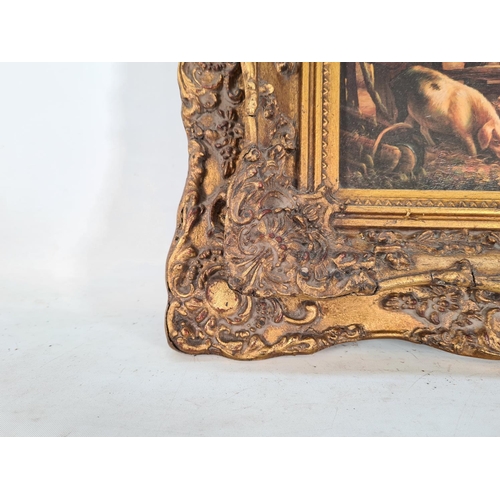 588 - A Victorian ornate gilt framed oil on board of a pigsty scene signed lower right - approx. 46cm x 40... 