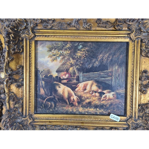 588 - A Victorian ornate gilt framed oil on board of a pigsty scene signed lower right - approx. 46cm x 40... 