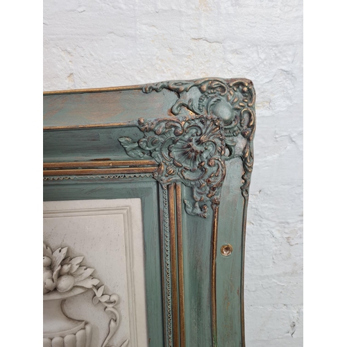 593 - A 19th century style grey and gilt framed bevelled edge wall mirror with two outer reproduction 1889... 