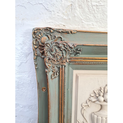 593 - A 19th century style grey and gilt framed bevelled edge wall mirror with two outer reproduction 1889... 