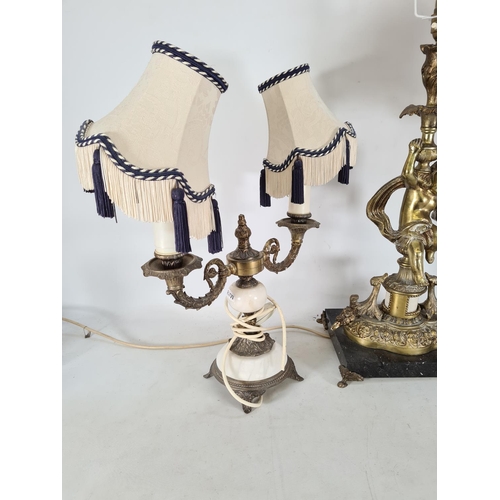 595 - Three vintage table lamps, one white alabaster & brass two branch with tasseled shades, one gilt bra... 