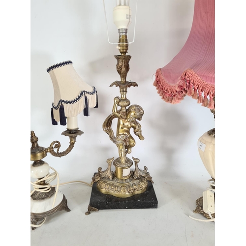 595 - Three vintage table lamps, one white alabaster & brass two branch with tasseled shades, one gilt bra... 