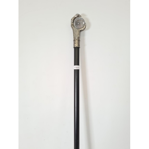 610 - A modern steampunk dragon claw and spherical glass topped walking cane