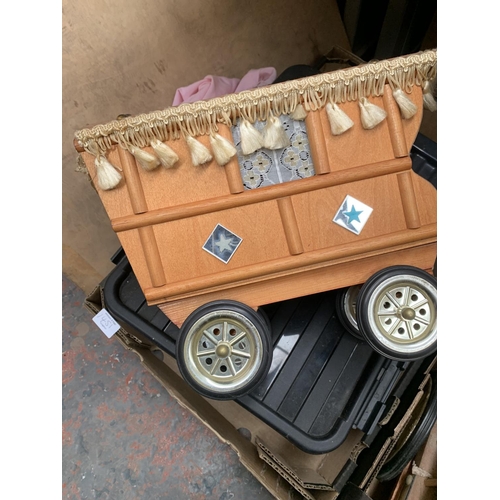 1451 - Three boxes containing porcelain shire horses with gypsy caravans and dre wagon, vintage wooden buil... 