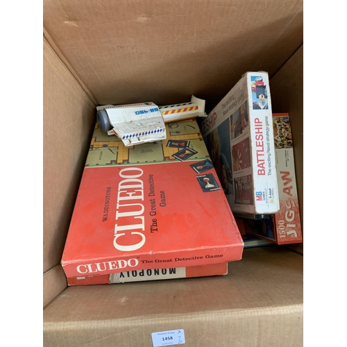 1458 - Three boxes containing various items to include Blood Bowl board game, Cluedo, Battleship, various f... 