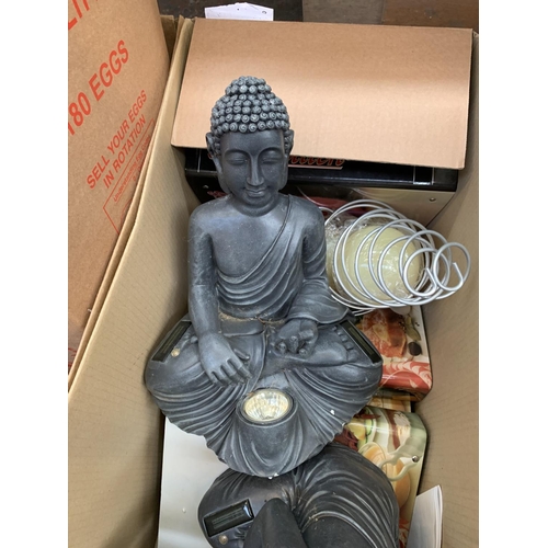 1470 - Five boxes containing buddha solar powered ornament lights, steam iron station, prolectrix, new wake... 