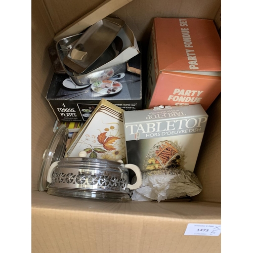 1473 - Five boxes containing various items to include mixed ceramics and glassware, stainless steel pans, v... 