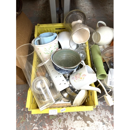 1473 - Five boxes containing various items to include mixed ceramics and glassware, stainless steel pans, v... 