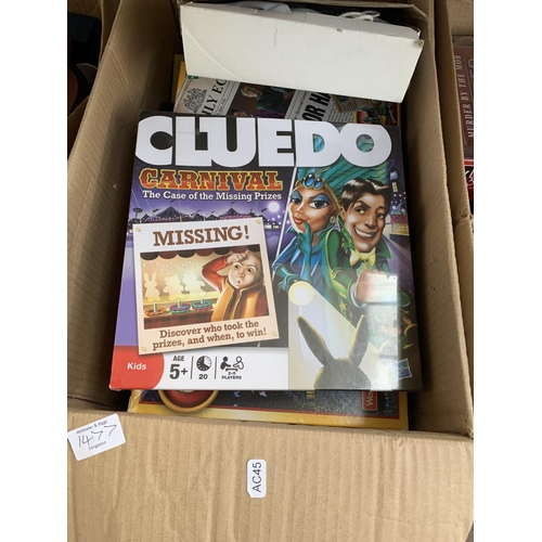 1477 - Two boxes of various board games to include Cluedo, Murder Mystery, Trivial Pursuit, Charades etc.