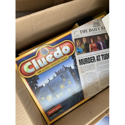 1477 - Two boxes of various board games to include Cluedo, Murder Mystery, Trivial Pursuit, Charades etc.