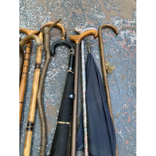 1488 - A collection of various umbrellas and walking sticks to include cane, wood and aluminium, cane with ... 