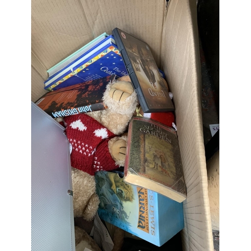 1510 - Three boxes containing books, soft toys, CDs, Rosen headphones etc.