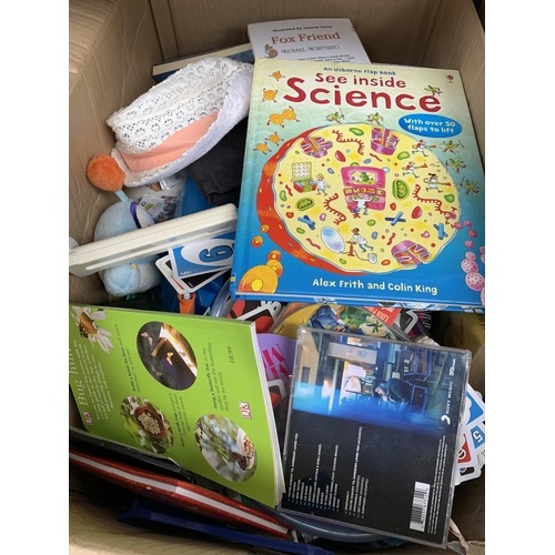 1510 - Three boxes containing books, soft toys, CDs, Rosen headphones etc.