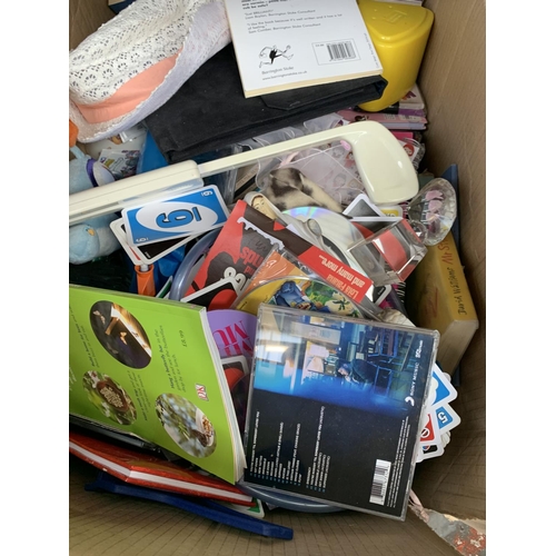 1510 - Three boxes containing books, soft toys, CDs, Rosen headphones etc.