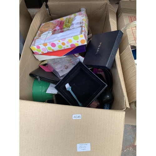 1510 - Three boxes containing books, soft toys, CDs, Rosen headphones etc.