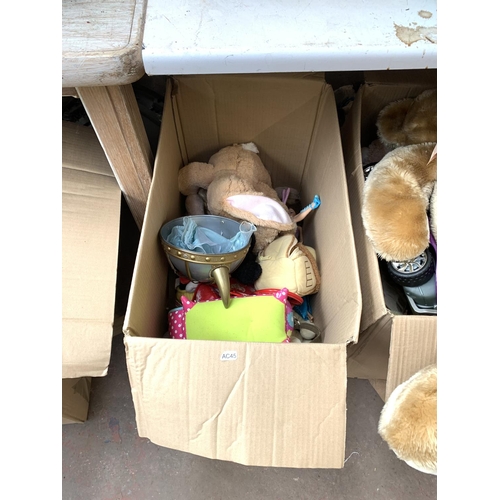 1518 - Three boxes containing soft toys, glassware, toys etc.