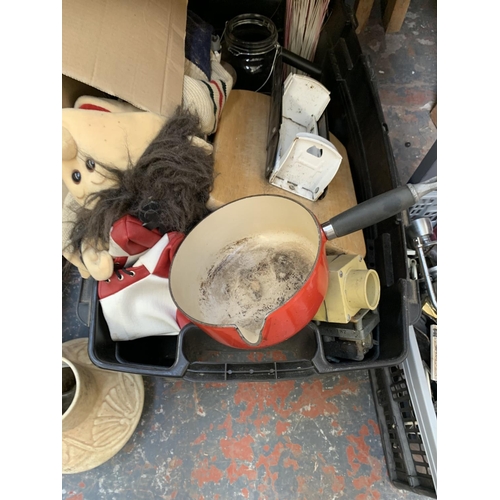 1522 - A mixed lot to include large soft toy, wicker basket, Le Creuset pan, white enamel mop bucket etc.