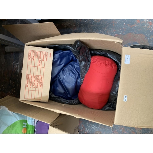 1523 - Four boxes containing sleeping bags, cool box, aluminium cups, airbed with pump etc.